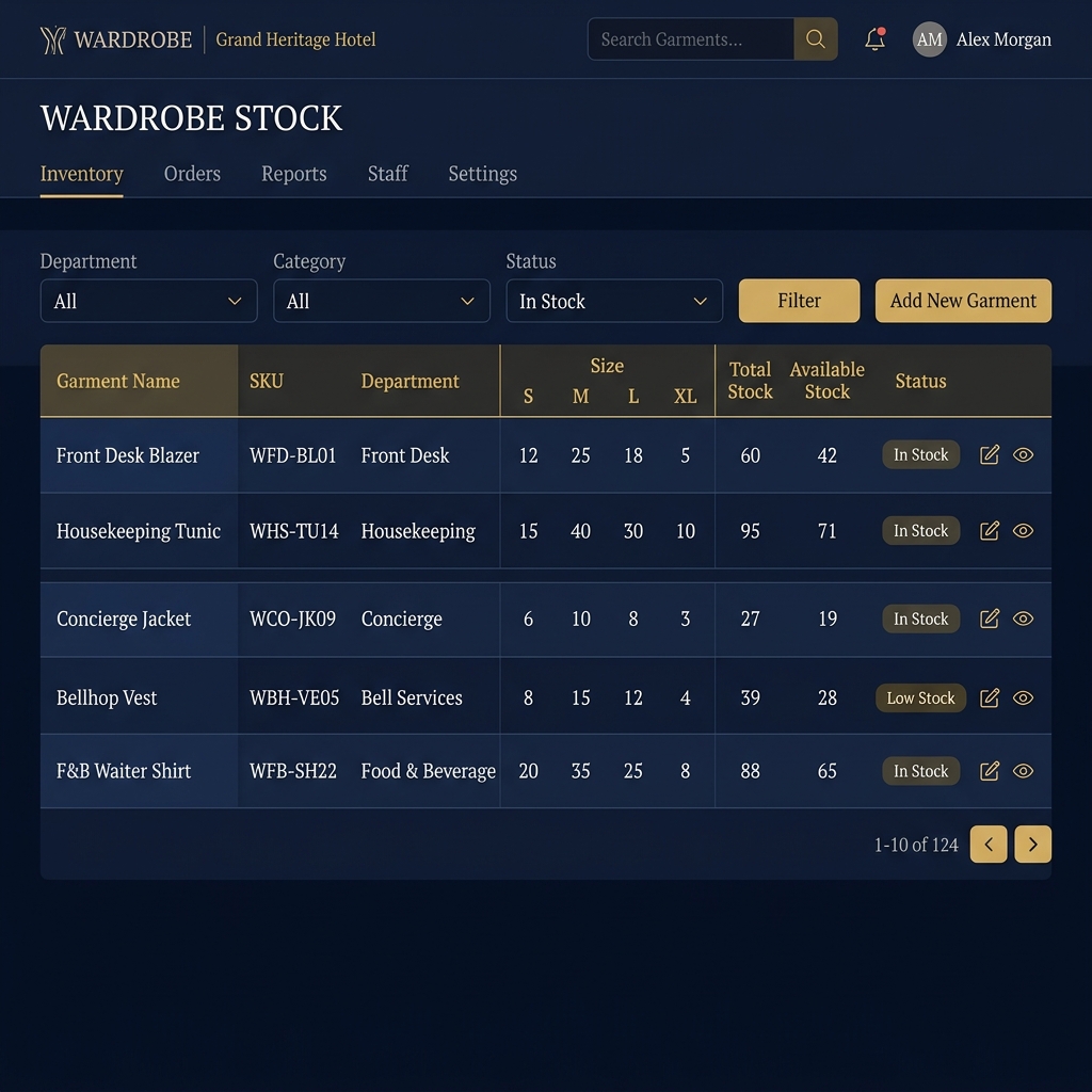 Uniformly Wardrobe Stockroom showing garment catalogue with filters and status badges