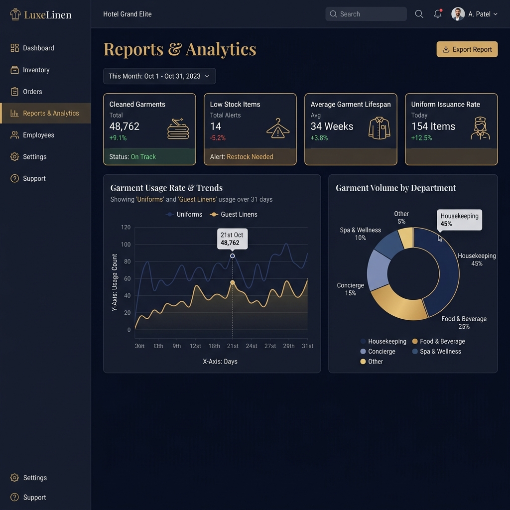 Uniformly Reports and Analytics showing garment usage charts and laundry turnaround analysis